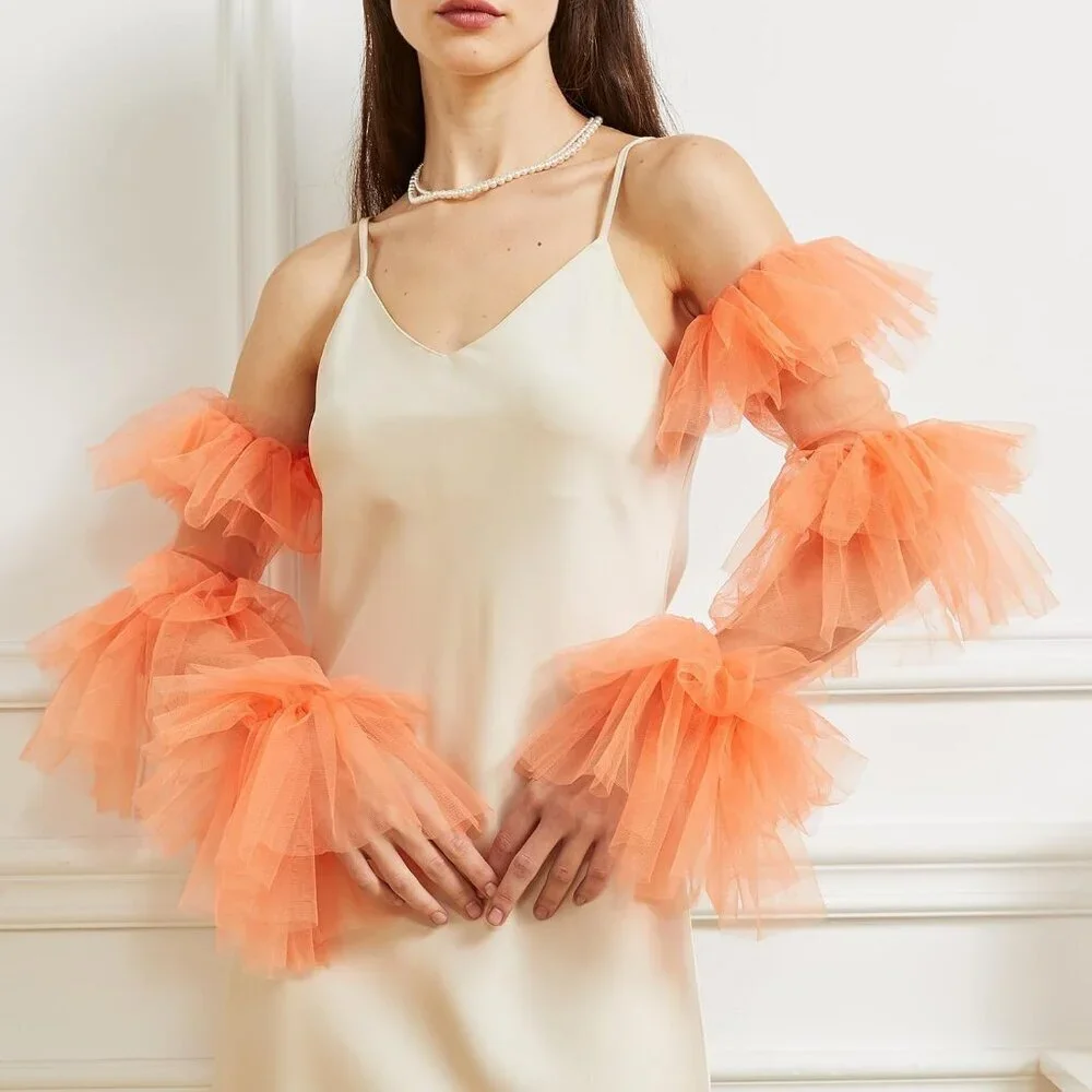 Women's Orange Satin Tulle  Ruffled Puff Long Gloves Banquet Wedding Party